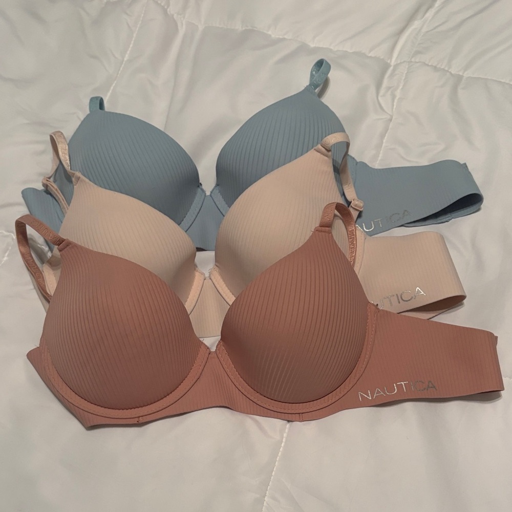 Nautica Women's Ribbed Bra Trio - Blue, Beige, Brown
